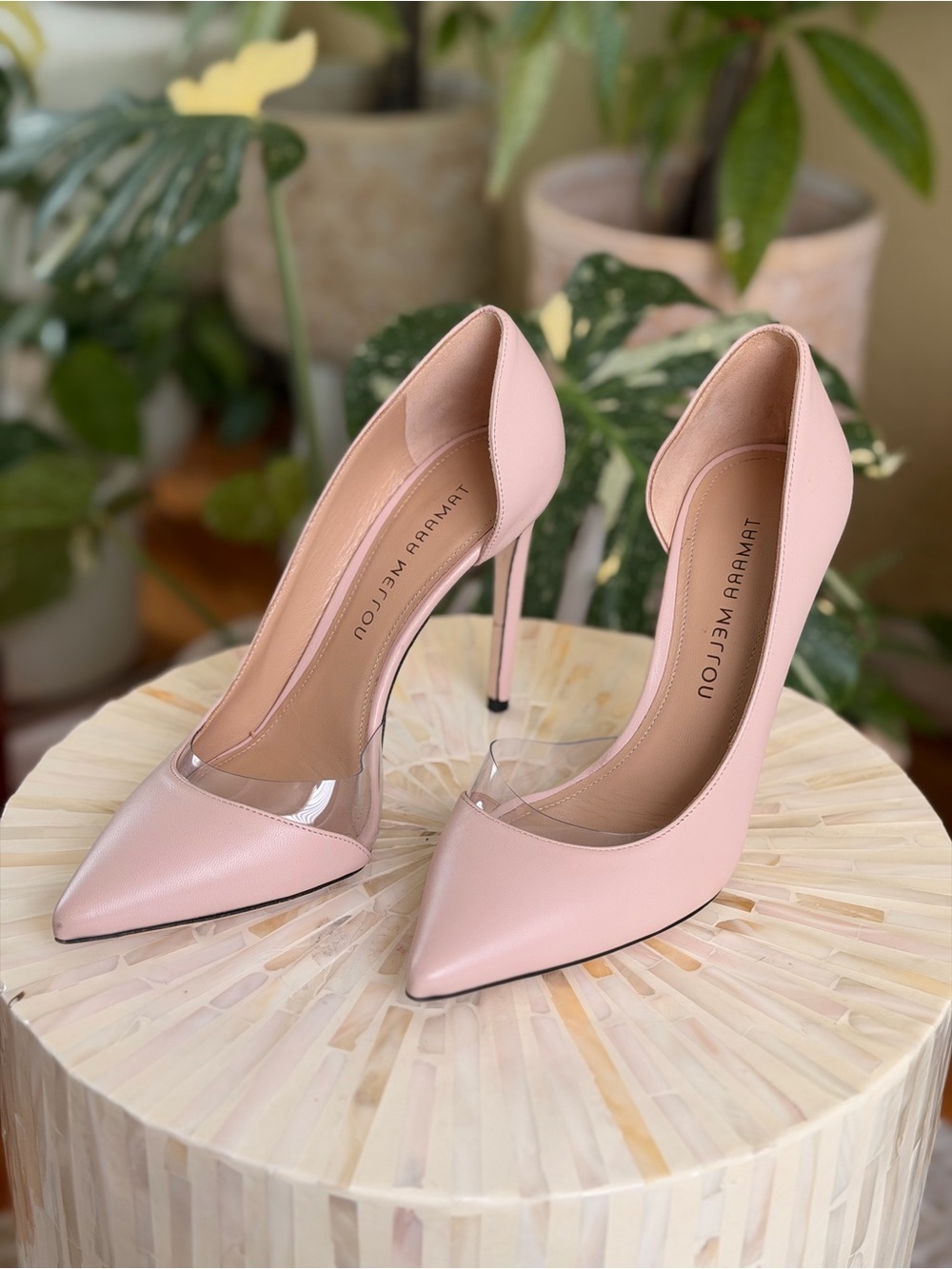 Tamara Mellon Blush Pink Pointed Toe Pumps with Clear Sides